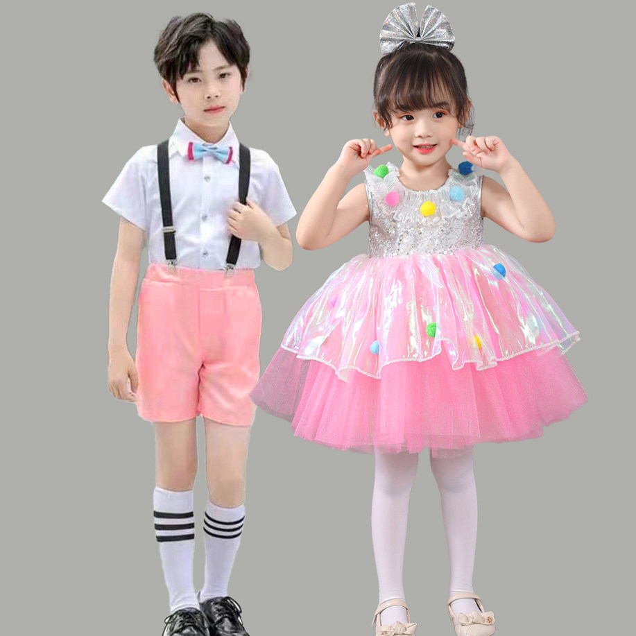 六一儿童舞蹈演出服幼儿园蓬蓬裙可爱公主纱裙表演服女童亮片粉色