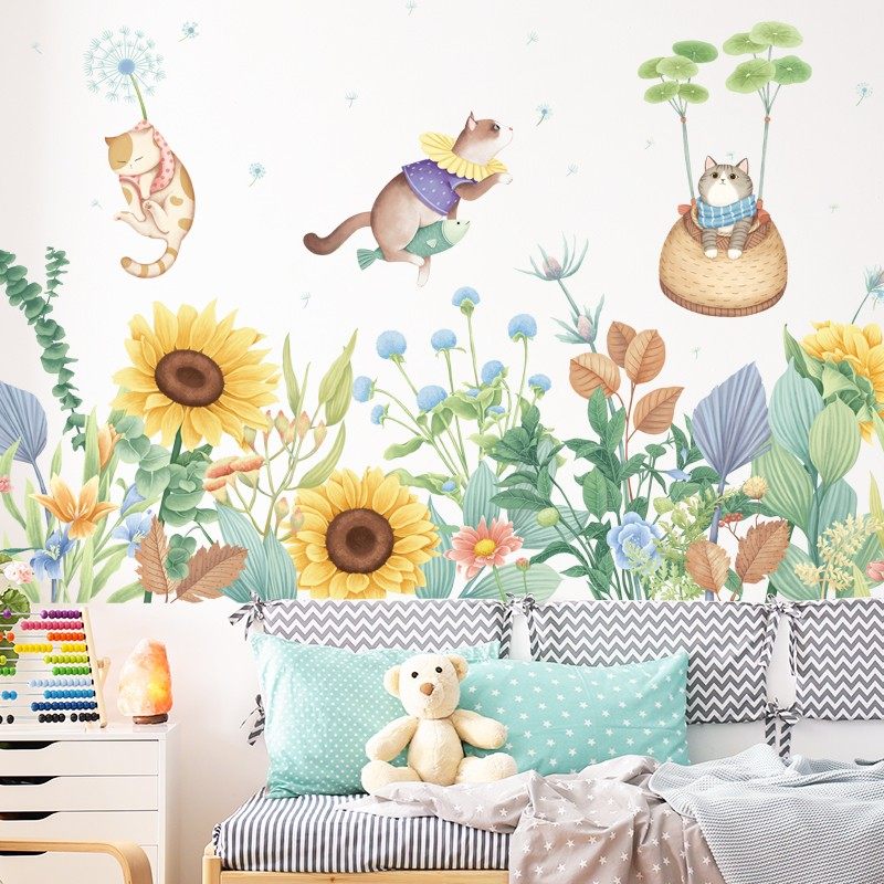 可移除墙贴纸防水踢脚线装饰贴画小清新植物猫咪可爱床头宿舍墙面