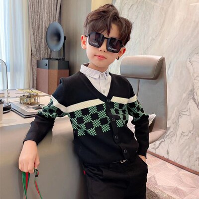 男童针织衫潮男孩假两件衬衫领毛衣中大童2023秋冬儿童学院风上衣