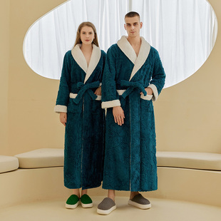 2022秋冬轻奢双层加厚法兰绒睡袍男士长款大码提花复合情侣浴袍女