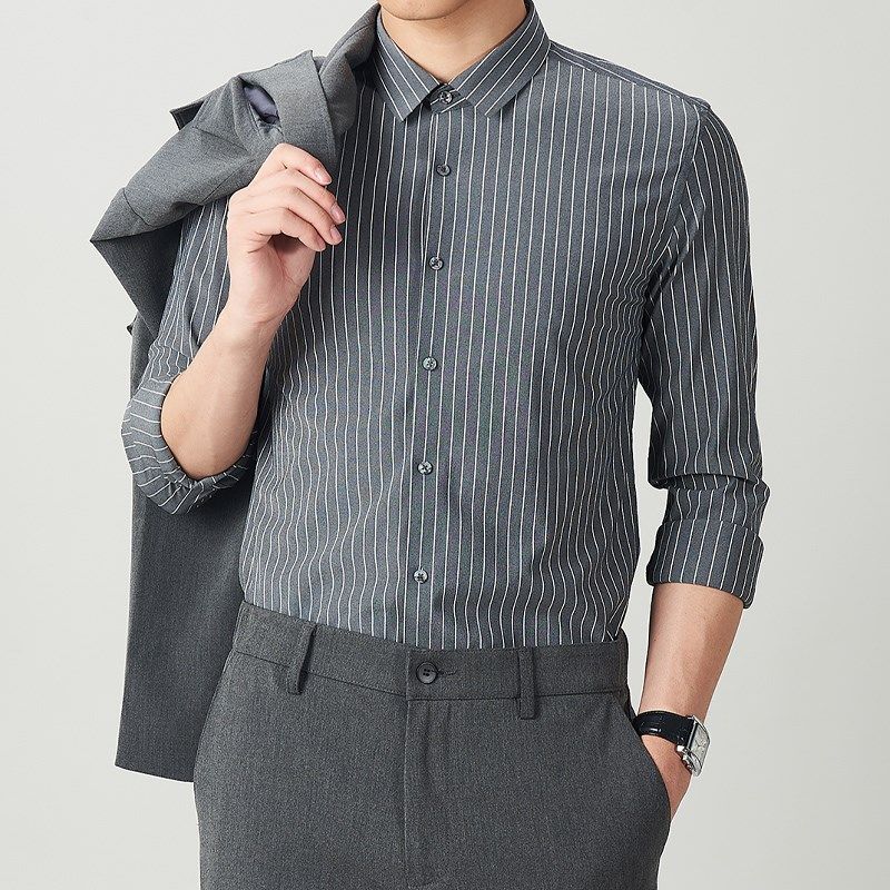 条纹衬衫男长袖高级感上衣职业正装高端寸衣内搭搭配西装打底衬衣