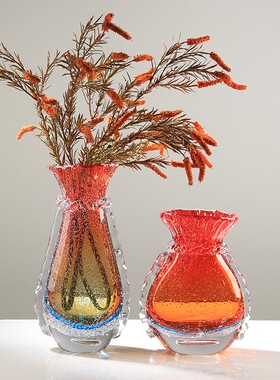 轻奢红色琉璃气泡花瓶水培摆件简约客厅餐桌样板房花器插花装饰品