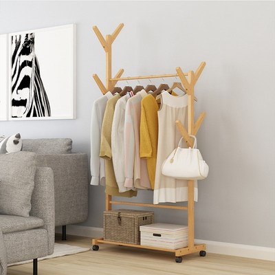 卧室挂衣服衣架落地卧室简易单杆式迷你木头矮儿童房衣架子衣帽架