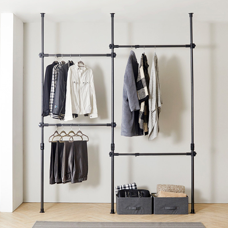 顶天立地衣帽架韩式晾衣架卧室上下层单杆阳台多功能伸缩挂衣架子