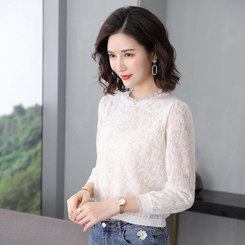 短款针织衫女搭配阔腿裤九分袖打底高腰蕾丝镂空配半身裙子的上衣