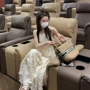 夏季新高级感显瘦收腰长款背心裙 设计感仙气飘飘羽毛连衣裙长裙