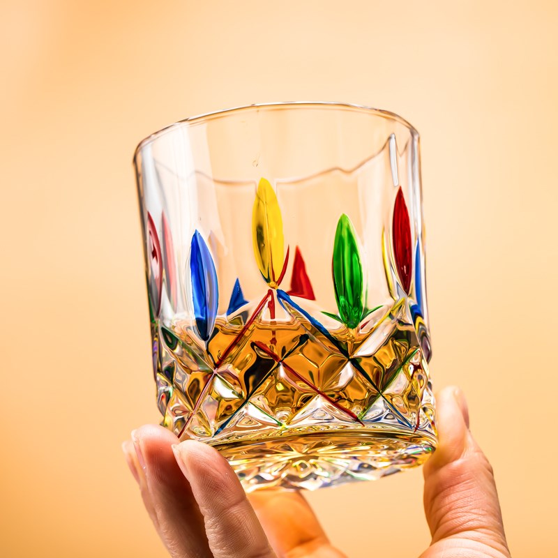创意手绘轻奢玻璃威士忌杯彩色糖果透明水杯家用洋酒杯彩虹杯