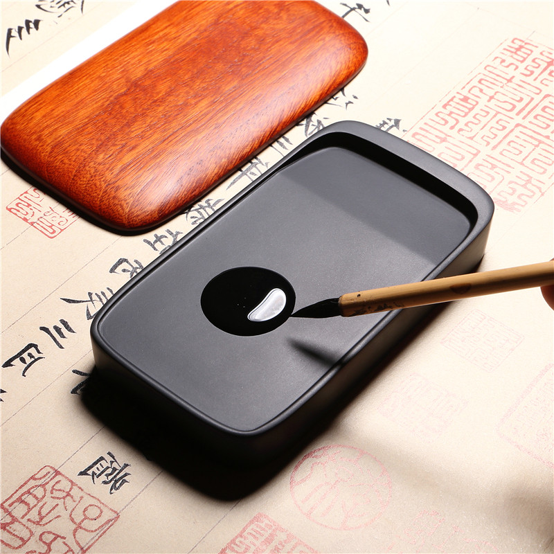 仿宋淌池素砚台 天然老坑原石 文房四宝书法专用带盖磨墨储存墨汁