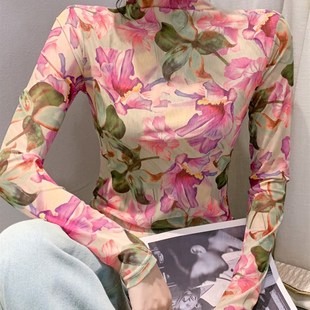 半高领打底衫女春秋新款长袖T恤内搭洋气花色高级感外穿网纱上衣