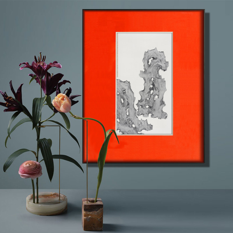 新中式水墨禅意装饰画太湖石客厅书房玄关挂画竖版带玻璃画框壁画