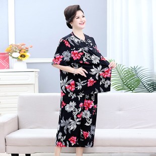 200斤中老年人夏装套装女奶奶绵绸短袖薄款胖妈妈两件套加肥加大