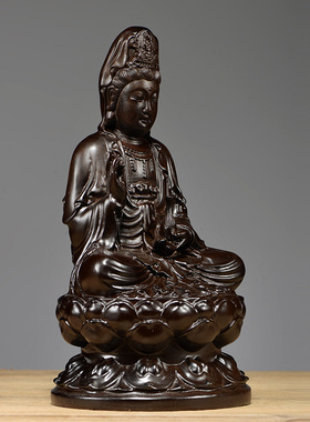 黑檀木雕刻观音佛像摆件坐莲观世音菩萨像家居客厅送礼实木工艺品