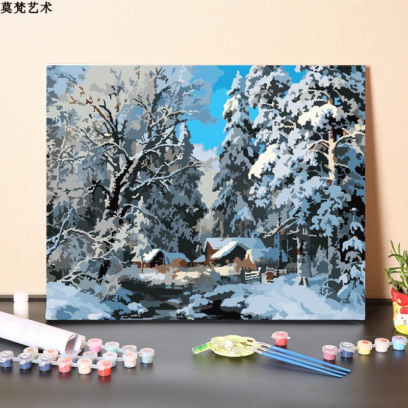 数字油画填充手工北方冬天森林雪景雪松小屋填色风景油彩画画