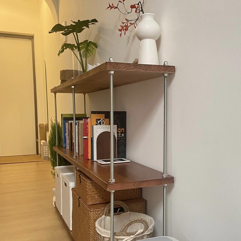 北欧不锈钢落地置物架网红实木收纳储物架家用客厅盆景书架鞋包架