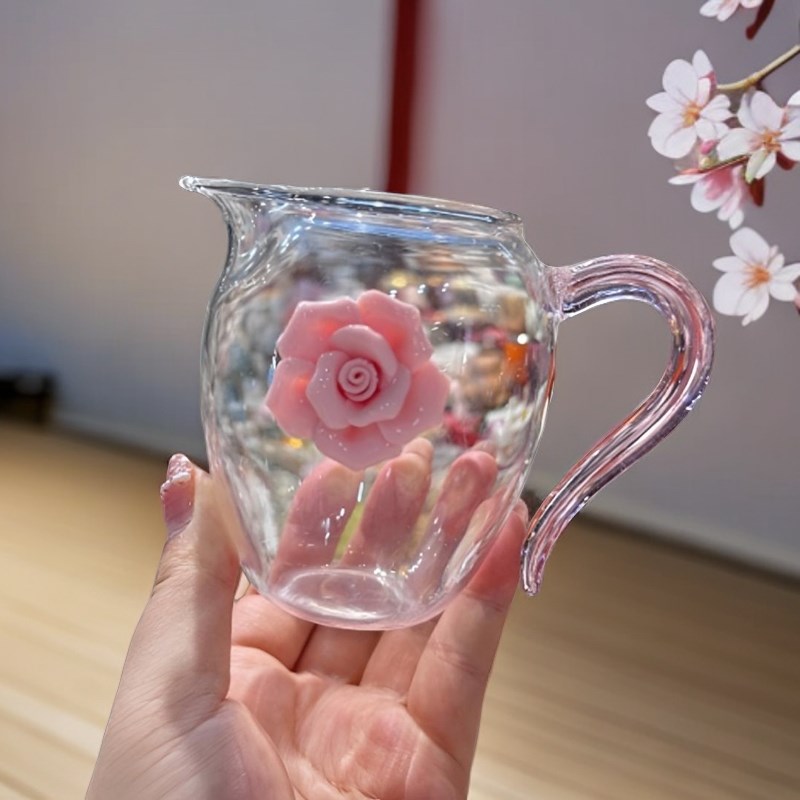 手工陶瓷拈花玻璃公道杯家用功夫茶具防烫匀茶杯透明粉色分茶器
