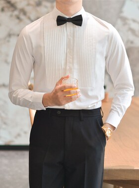高定法式休闲商务主持宴会礼服衬衫男英伦白色长袖晚宴婚礼衬衣潮