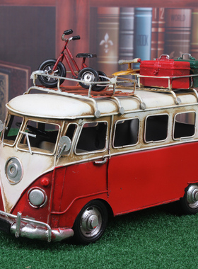 复古大众冲浪巴士 露营车房车模型 手工铁皮老爷汽车模型摆件