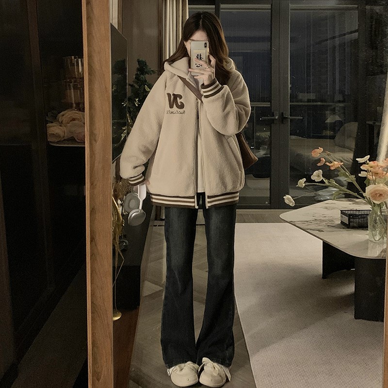 女大童羊羔毛外套冬季女孩初中学生夹棉加厚洋气时尚连帽毛绒棉服