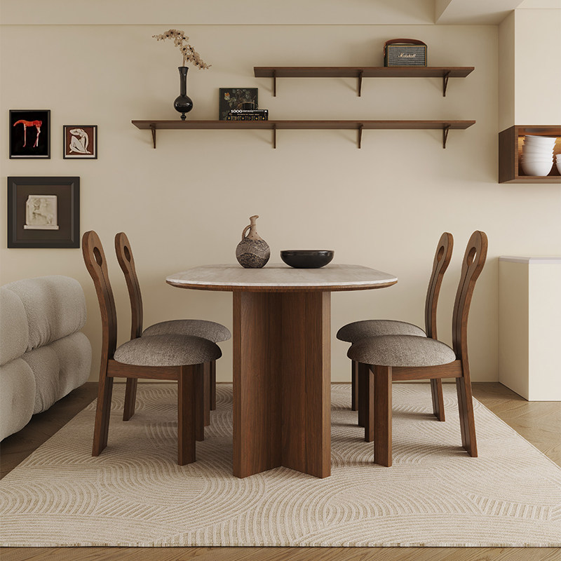 法式中古风洞石岩板餐桌椅组合小户型客厅靠墙半圆岛台实木餐桌,住宅家具,岩板餐桌,淘宝优惠券,粉丝福利购,淘宝优惠卷