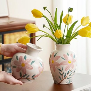美式 饰 简约手绘陶瓷花瓶摆件高级感客厅水养插花玫瑰郁金香餐桌装