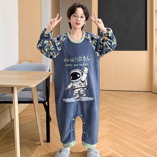 男童睡衣秋冬连体法兰绒2024新款大童男孩宝宝珊瑚绒卡通睡袋加厚