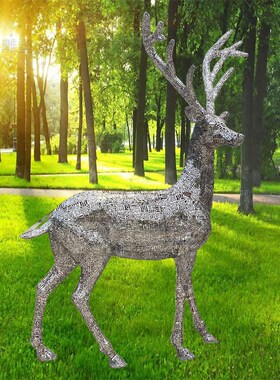 不锈钢户外梅花鹿雕塑抽象镜面镂空景观几何母子小鹿铁艺动物定制