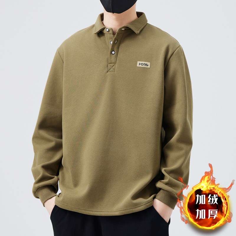 男士Polo衫秋冬季宽松翻领卫衣长袖T恤中年爸爸纯棉加绒加厚上衣