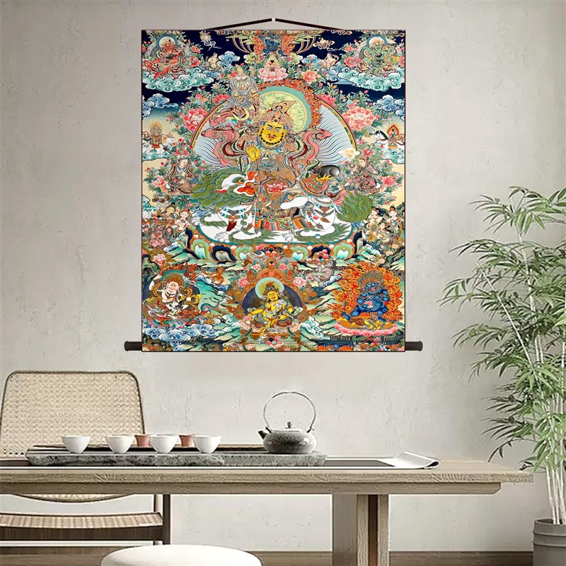 财宝天王 财宝天团西藏热贡精品手绘复制客厅玄关丝绸装饰挂画