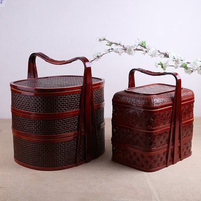 竹编提篮覆古带盖礼盒两层食盒篮子便携式送饭篮 祭祖祭祀用