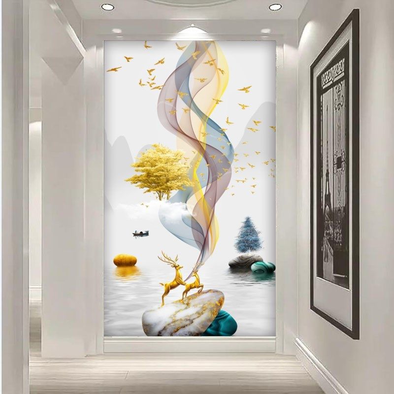 现代玄关壁纸石来运转走廊过道竖背景墙麋鹿复式楼壁画墙布,家装主材,无纺布墙纸,淘宝优惠券,粉丝福利购,淘宝优惠卷
