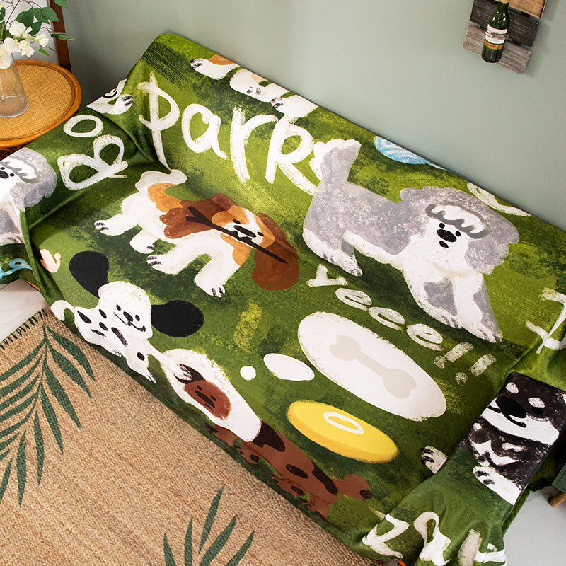 沙发巾单人全盖布四季防滑沙发垫罩出租屋in装饰布卡通手绘奶狗