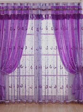 欧韩式院隔断帘两层蕾丝紫色纱遮光阳台纱帘客厅卧室成品窗帘