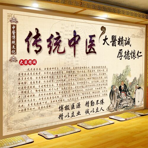 中医文化大医精诚装饰壁画理疗养生馆背景墙纸墙布复古中医馆壁纸