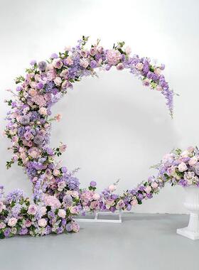 热销婚礼装饰背景月亮花艺套装欧式紫色直播背景橱窗装饰仿真假