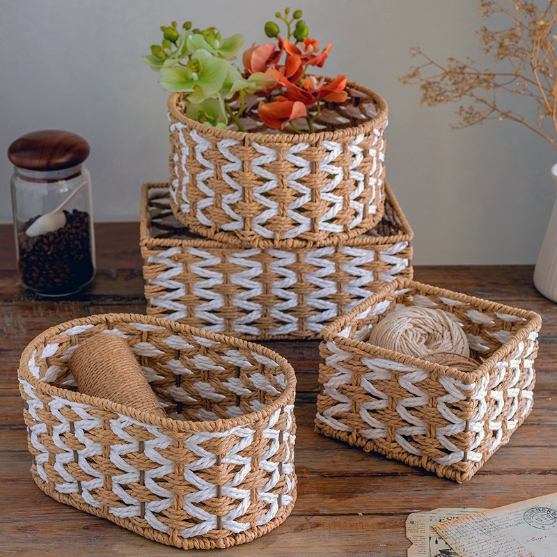 CH桌面杂物收纳盒编织收纳筐圆形方形日式零食化妆品储物篮纸质