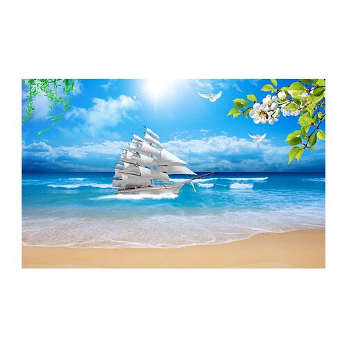 海边沙滩帆船风景d立体壁画现代壁纸沙发卧室电视背景墙布