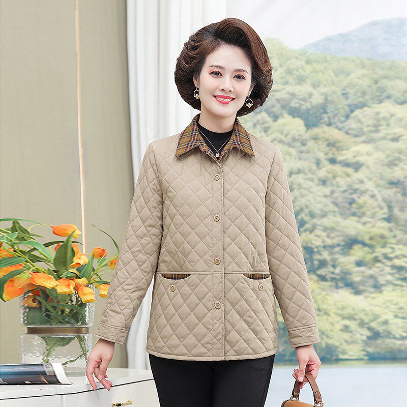 妈妈春秋装夹棉外套女新款夹克长袖上衣50岁中老年女装轻薄小棉衣