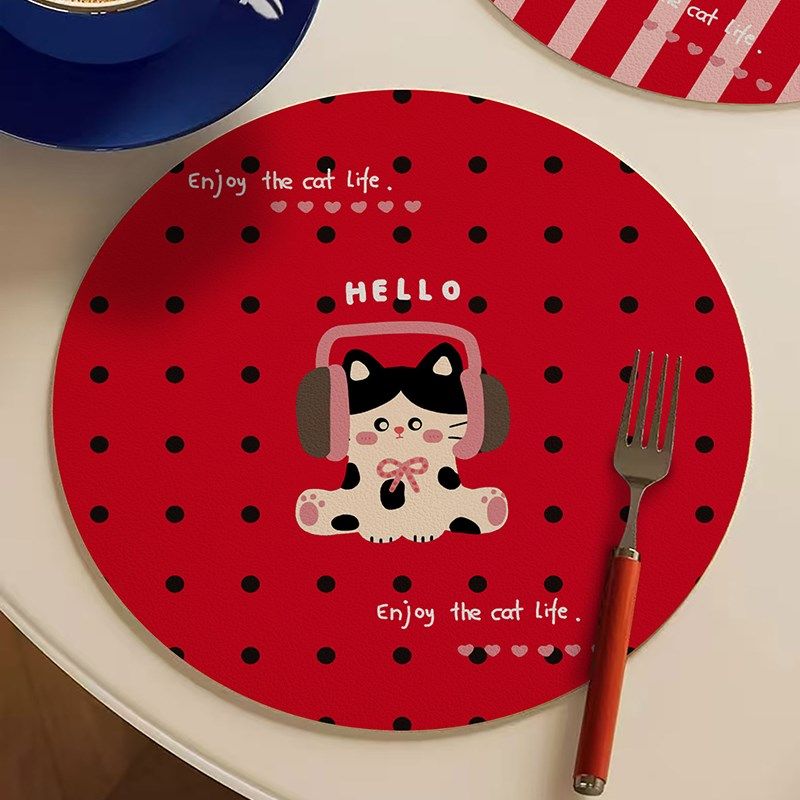 猫咪红色皮革防水防油圆形小餐垫耐高温防烫氛围感咖啡杯垫防滑垫,居家布艺,餐垫,淘宝优惠券,粉丝福利购,淘宝优惠卷