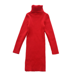 秋冬装儿童高领中长款毛衣宝宝针织打底衫女童加绒加厚黑色毛衣裙