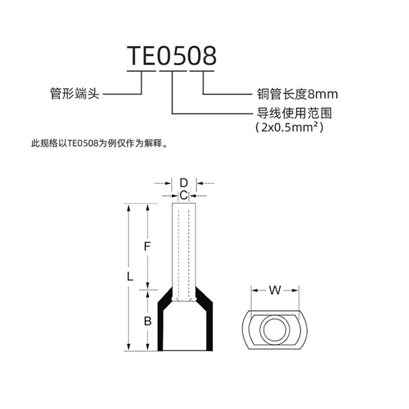 紫铜TE0508 1008 1508针形双线插针预绝缘冷压接线耳端子欧式管型