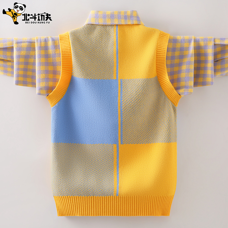 2022新款男童毛衣纯棉秋冬款儿童针织衫拼色中大童男孩假两件洋气