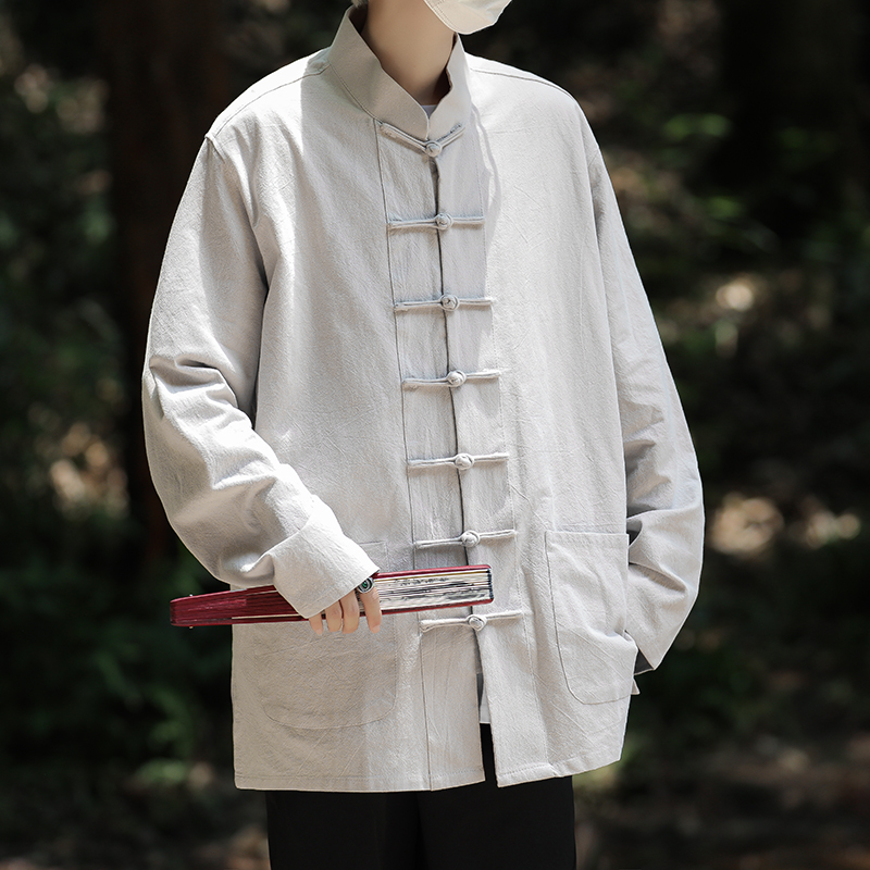 中式男装中国风盘扣花衬衫纯棉长袖2024夏季中山唐装立领宽松衬衣