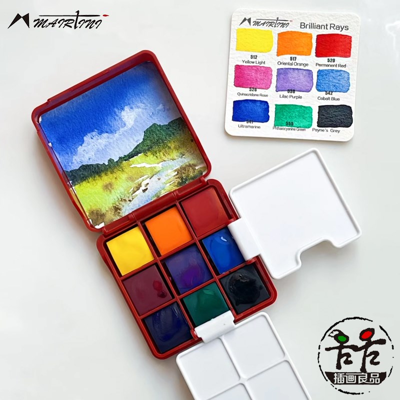 马蒂尼2024圣诞礼盒小红盒9色便携水彩颜料画笔夹子水彩本7件套装