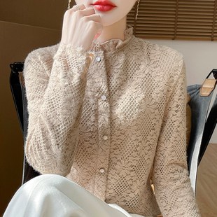 加绒半高花边领长袖套头衬衫女装冬季蕾丝西装内搭叠穿打底衫上衣