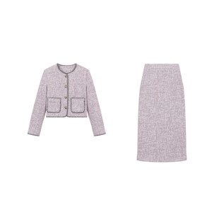 乔拉【雪花酥糖】秋冬季穿搭一整套女紫色毛呢外套上衣半身裙套装