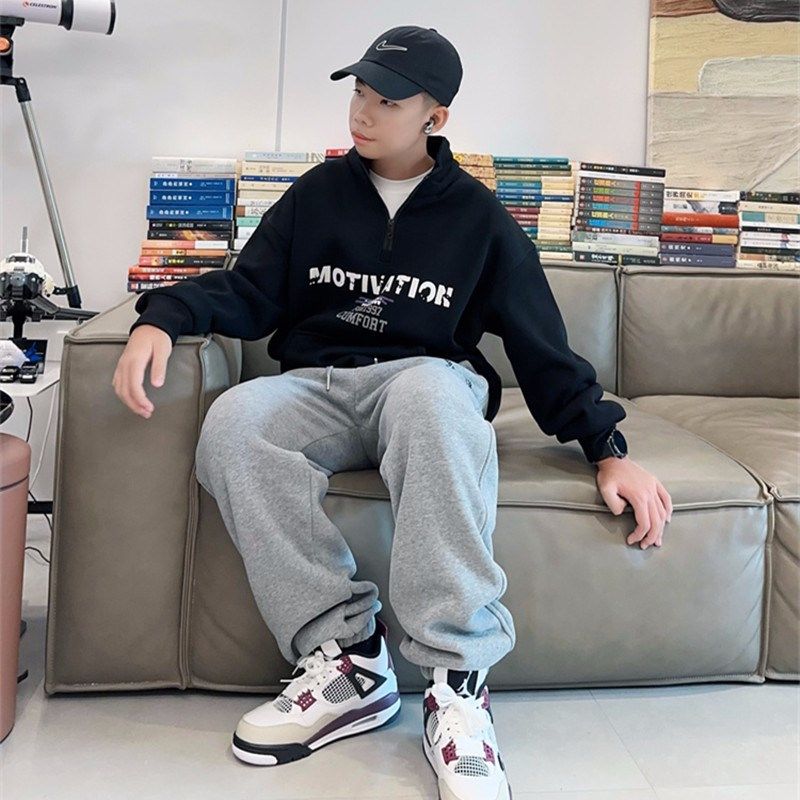 男童半拉链立领加绒卫衣中大童冬装一体绒套头卫衣宽松保暖外套潮