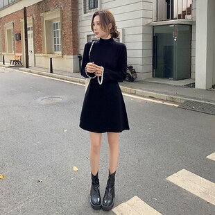 秋冬新款内搭针织连衣裙女小黑裙中长款打底小个子毛衣a字毛衣裙