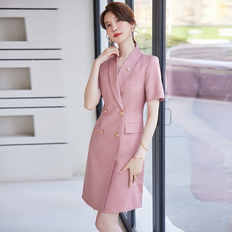 职业连衣裙女2025夏季新款双排扣粉色高端气质西装裙前台接待工装