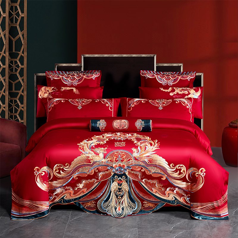 140支婚庆四件套龙凤纯棉结婚大红全棉新婚嫁六件套婚房床上用品