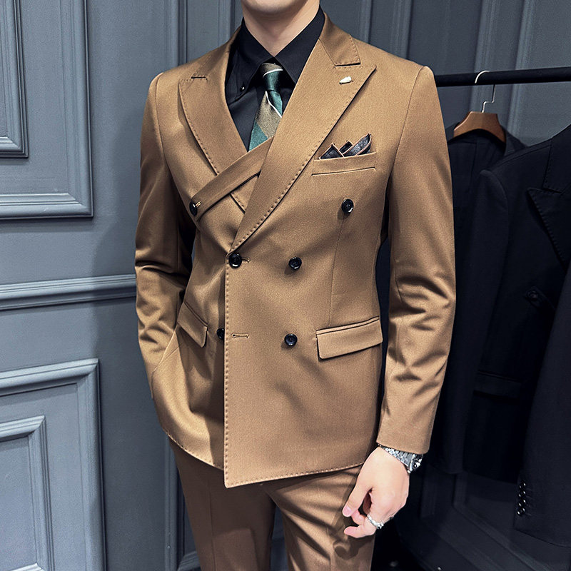2023秋季英伦风双排扣西装男套装休闲商务正装高级感新郎结婚礼服